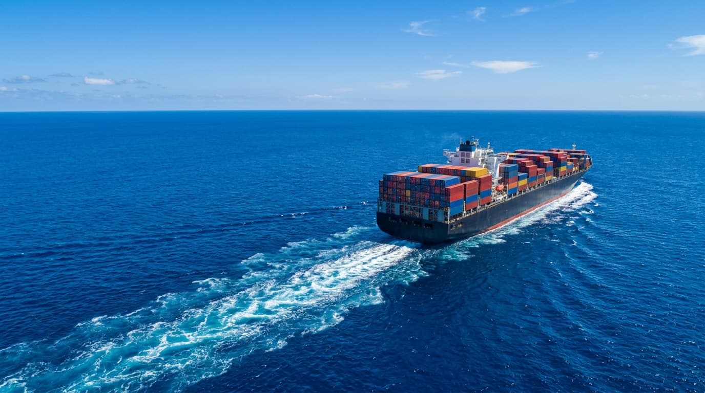 Container ship on a vivid blue ocean in full daylight