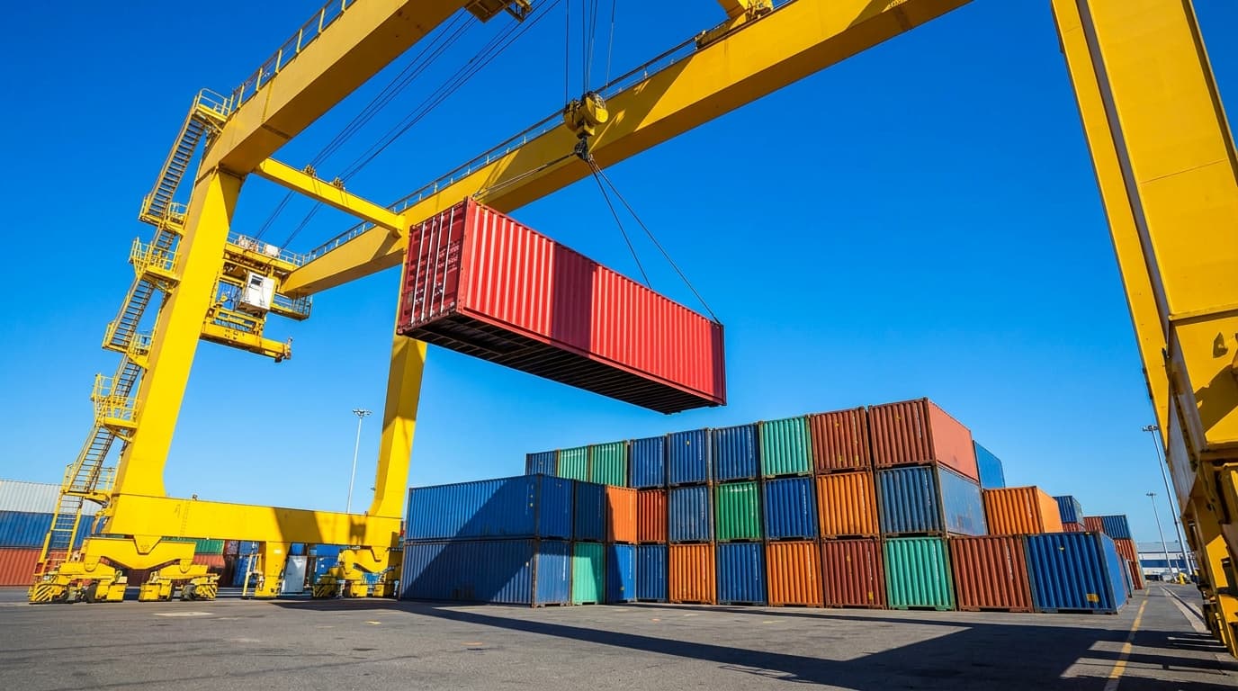 Container being lowered into a stack