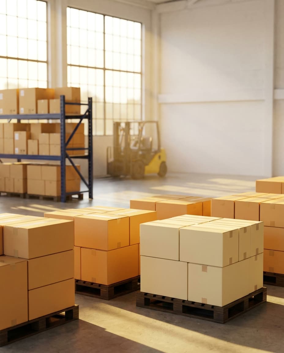 Stacked import boxes on pallets in a clean small-business warehouse